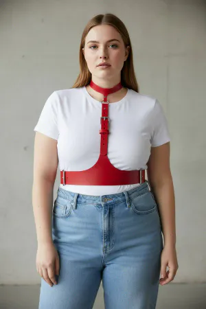 Red Vegan Leather Underbust Harness & Choker Set Adjustable Silver Buckles