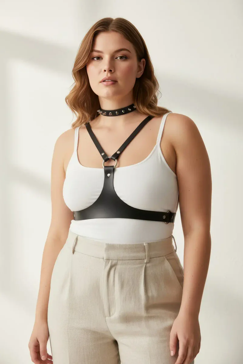 Black vegan leather chest harness front