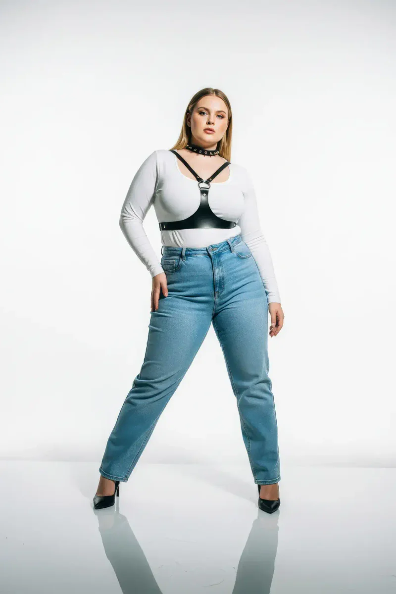 Fashion harness top black faux leather with silver