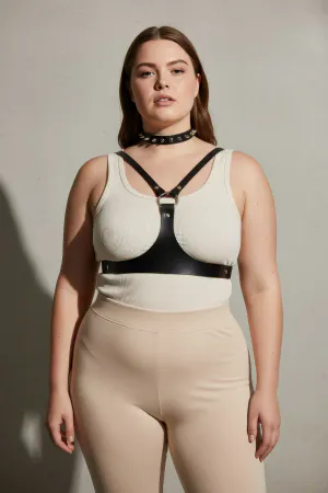Black Studded Faux Leather Chest Harness with Integrated Choker, Adjustable Straps