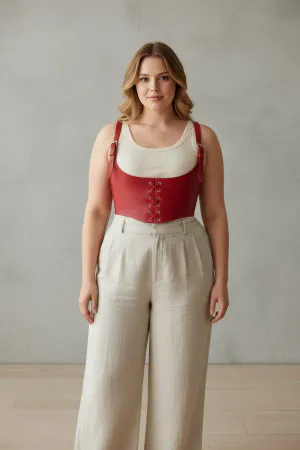 Büyük Beden Kırmızı Kadın Kemer Bağcıklı Deri Korse Harness - APFT1428