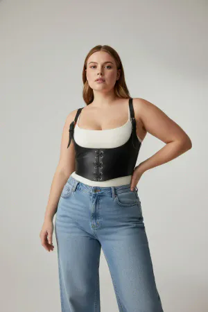 Black Faux Leather Underbust Corset Harness Front Lace-Up Buckle Straps