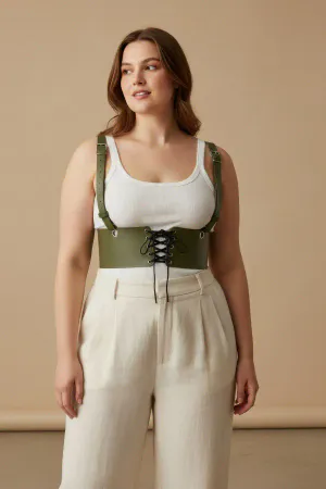 Olive Green Vegan Leather Underbust Corset Harness Adjustable Shoulder Straps