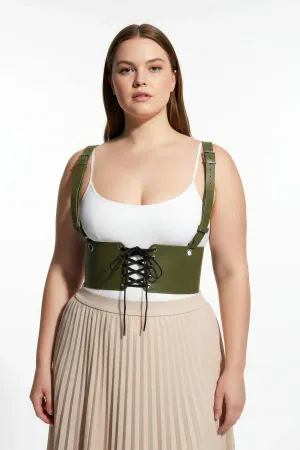 Olive Green Vegan Leather Underbust Corset Harness Adjustable Shoulder Straps