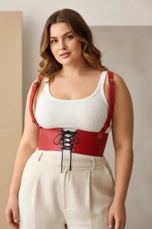 Red Faux Leather Underbust Harness Women Front Lace-Up Adjustable Straps