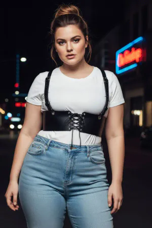 Büyük Beden Siyah Kadın Deri Kemer Omuz Askılı Bağcıklı Korse - APFT1429