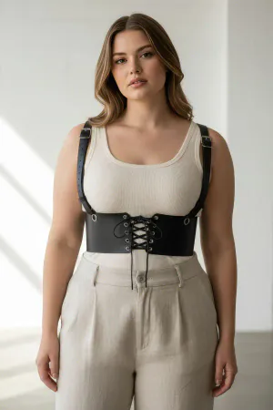 Büyük Beden Siyah Kadın Deri Kemer Omuz Askılı Bağcıklı Korse - APFT1429