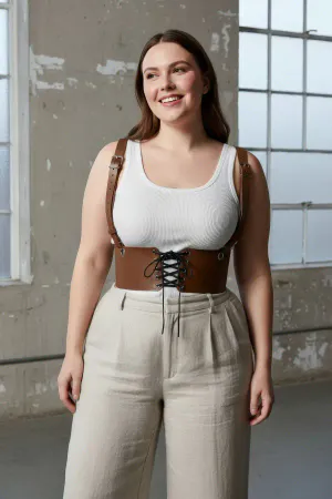 Brown Faux Leather Underbust Corset Style Harness Belt with Front Lacing