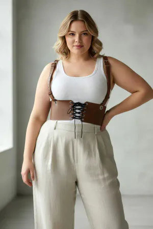 Brown Faux Leather Underbust Corset Style Harness Belt with Front Lacing