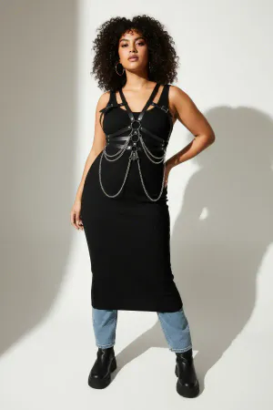 Black Faux Leather Full Body Harness with Draping Silver Chains worn by plus size model over white tank top